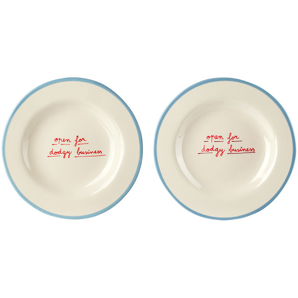 Laetitia Rouget Blue & White 'open For Dodgy Business' Dessert Plate Set 