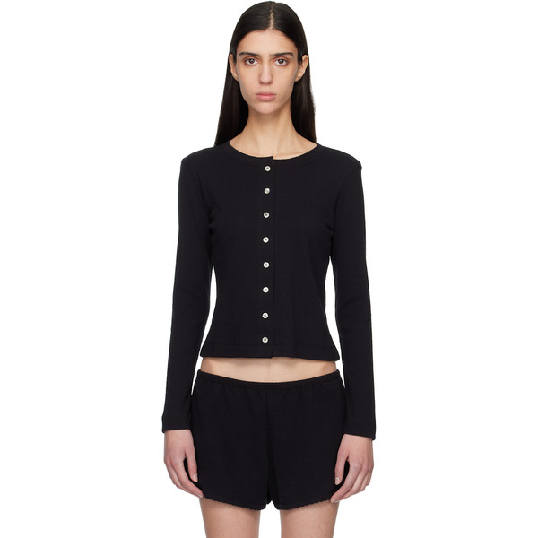  Leset Black Pointelle Classic Crew Cardigan 