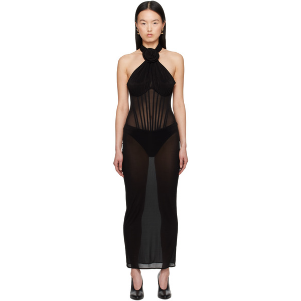  Magda Butrym Black Sheer Halter Bustier Midi Dress 