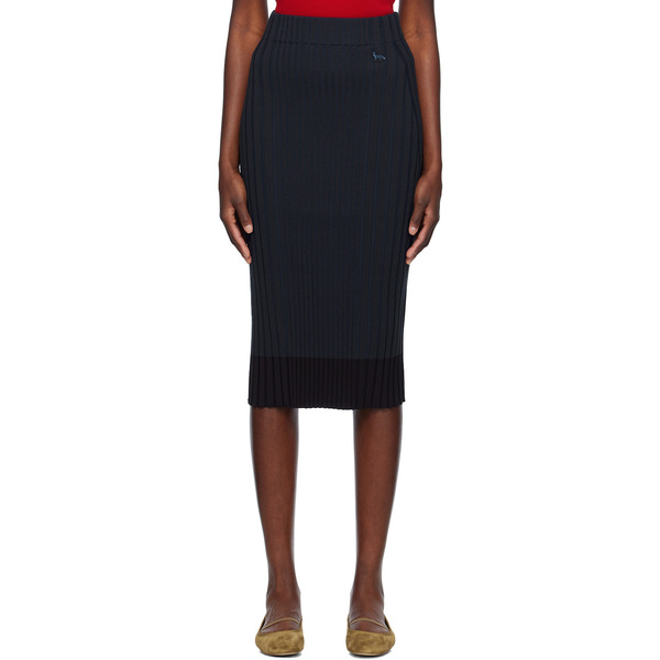  Maison Kitsuné Navy Baby Fox Patch Ribbed Midi Skirt 