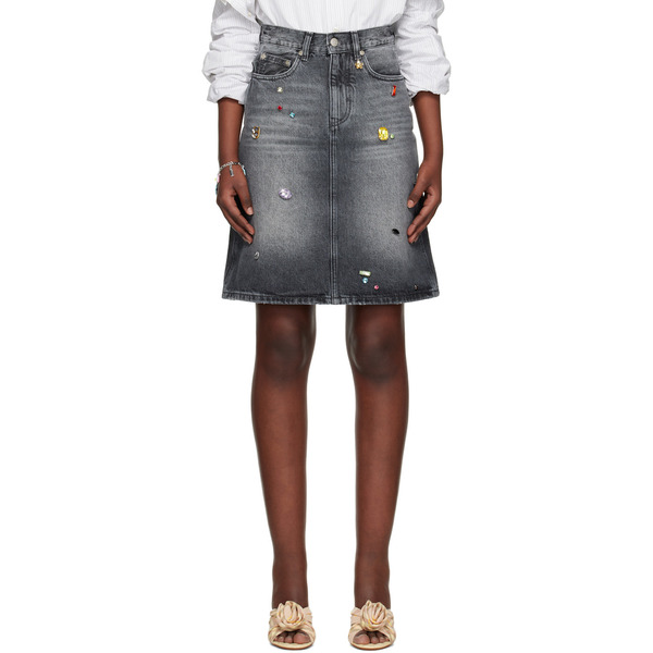  Marc Jacobs Black Gem A-line Denim Midi Skirt 