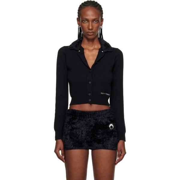  Marine Serre Black Merino Wool Knit Cropped Cardigan 