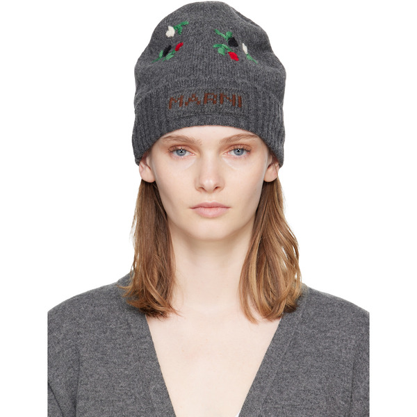  Marni Gray Wool & Cashmere Flower Beanie 