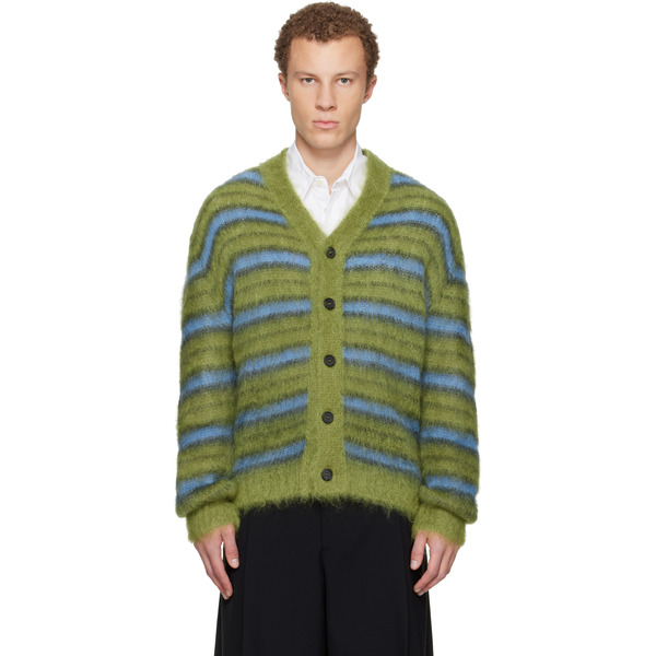  Marni Green & Blue Fuzzy Wuzzy Stripe V-neck Cardigan 