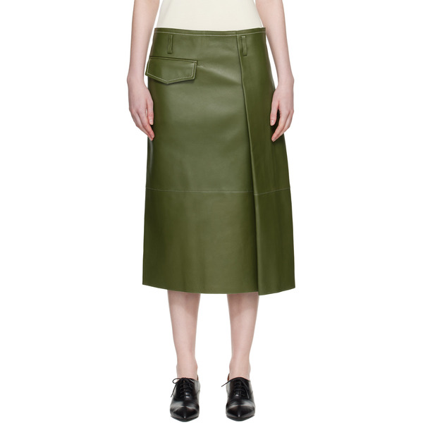  Marni Green Pocket Bonded Nappa Leather Midi Skirt 