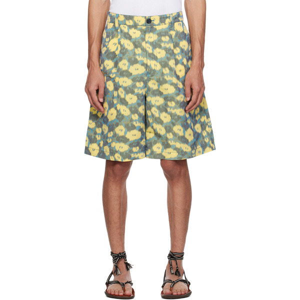  Marni Green & Yellow Linen Blend Blurry Floral Print Shorts 