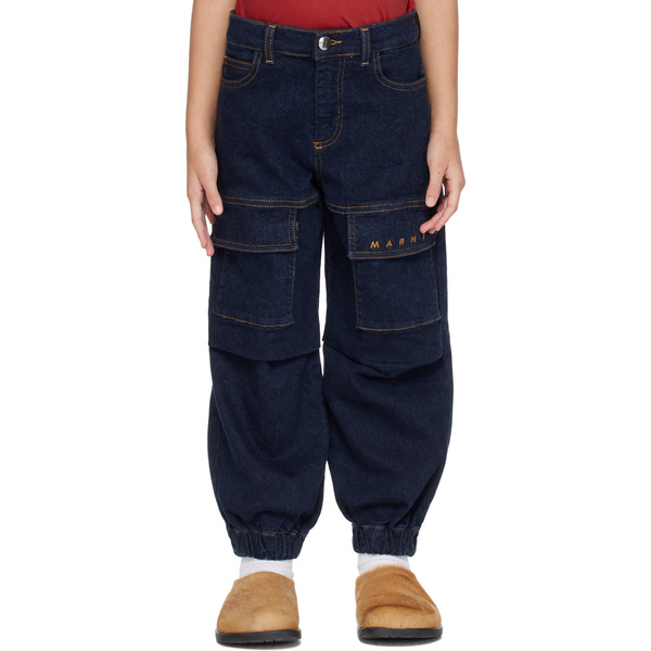  Marni Kids Navy Embroidered-logo Denim Cargo Pants 