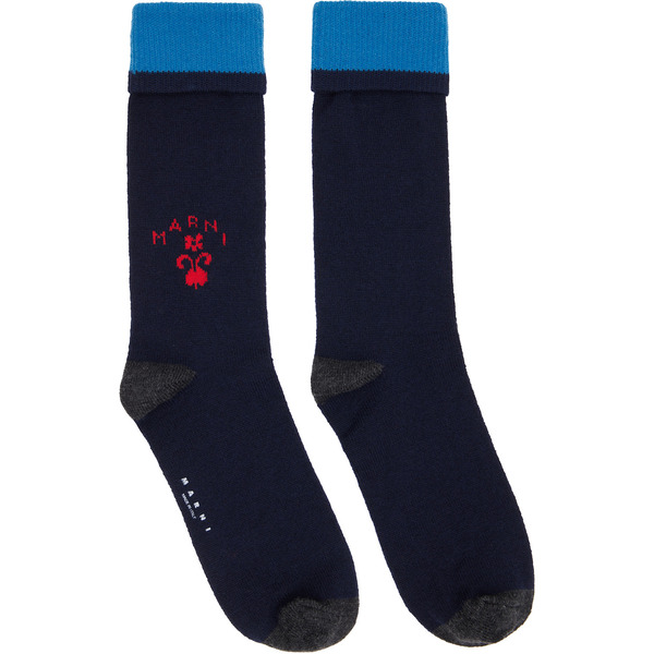  Marni Navy Wool Flower Logo Socks 
