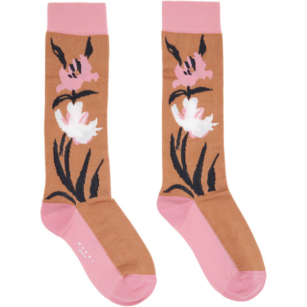 Marni Tan & Pink Intarsia Flower Mid-calf Socks 