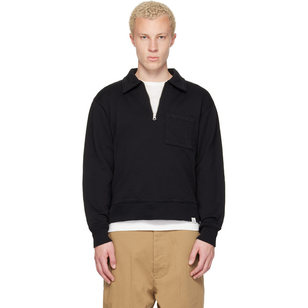  Merz B. Schwanen Black Authentic Fleece Polo Collared Half-zip Cotton Sweatshirt 