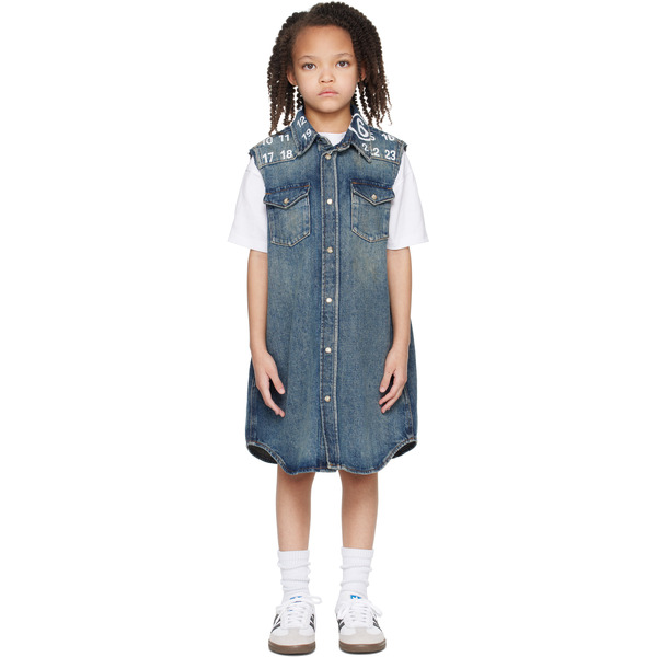  Mm6 Maison Margiela Kids Blue Printed-logo Denim Dress 