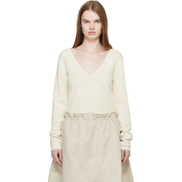  Mm6 Maison Margiela Off-white V-neck Wool Sweater 