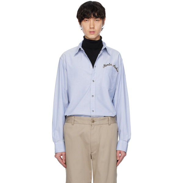  Moncler Blue Embroidered Logo Oxford Cotton Shirt 