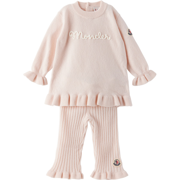 Moncler Enfant Baby Pink Ruffled Wool Cashmere Sweater & Trousers Set 