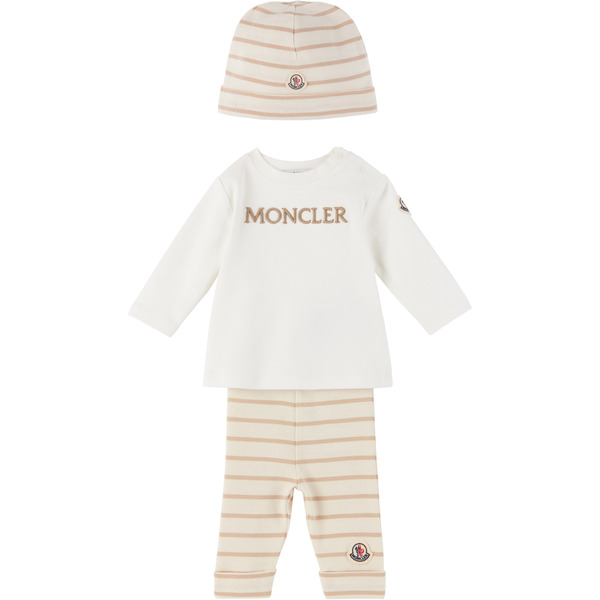  Moncler Enfant Baby White & Beige Striped T-shirt Set 