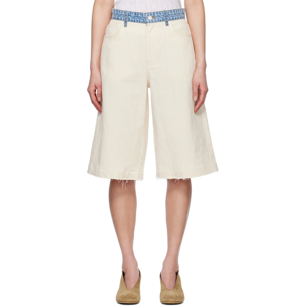  Moschino Jeans Beige & Blue Textured Cotton Hemp Shorts 