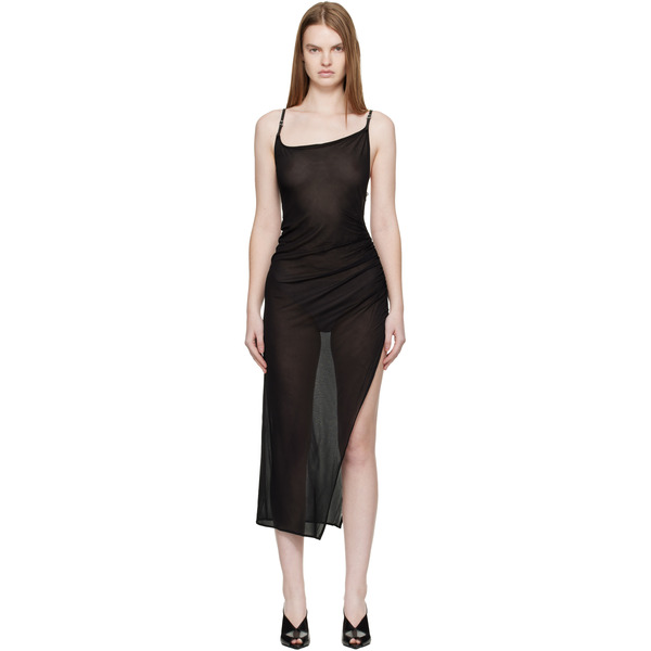 Mugler Black Asymmetrical Buckled Strap Maxi Dress 
