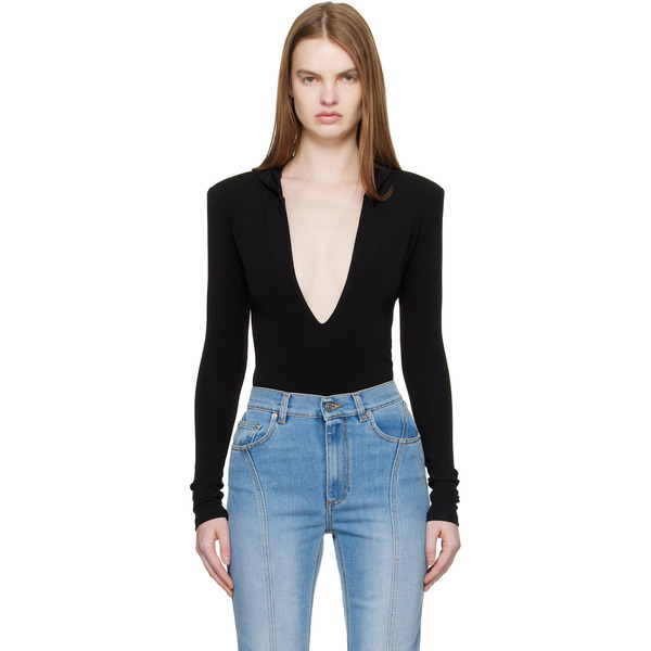  Mugler Black Hooded V-neck Bodysuit 