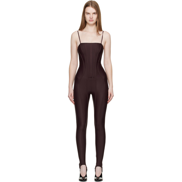  Mugler Burgundy Boned Stretch Catsuit 