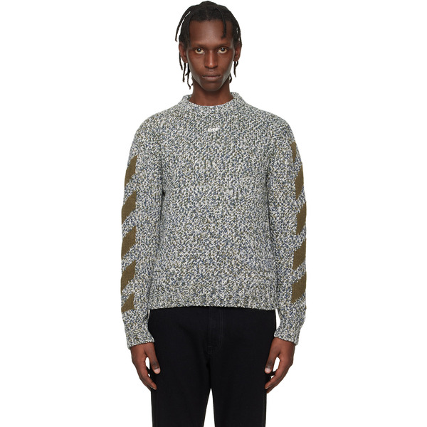 Off-white Gray & Khaki Diagonal Arrow Mouliné Knit Crewneck Sweater 