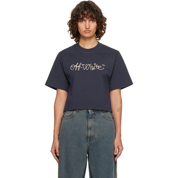  Off-white Navy Embroidered Script Logo Crop Logo T-shirt 