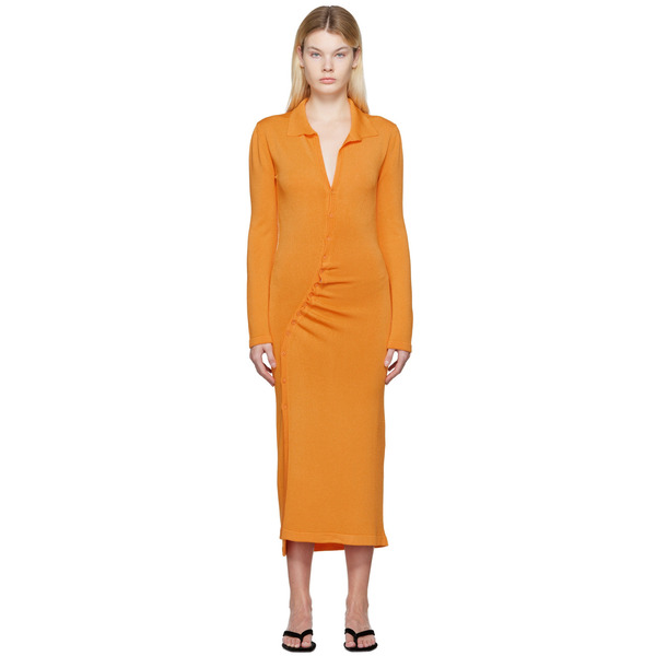  Olēnich Orange Gathered Midi Dress 