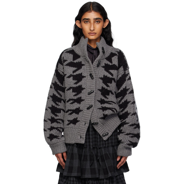  Open Yy Gray Hound's Tooth Star Cowichan Cardigan 