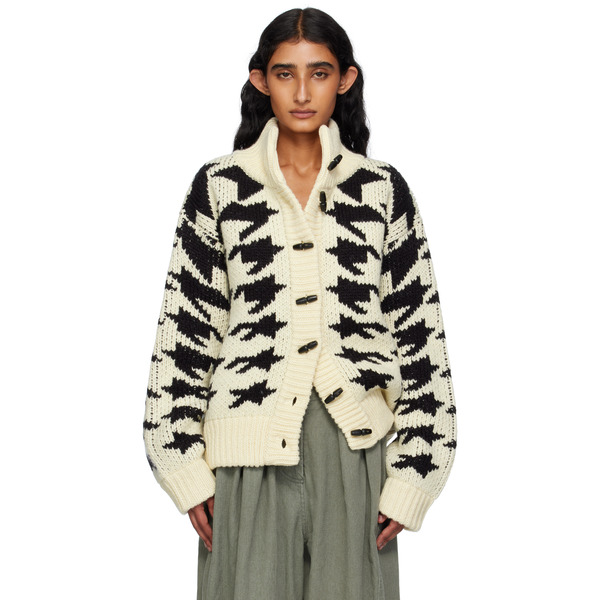  Open Yy Off-white & Black Hound's Tooth Star Cowichan Cardigan 