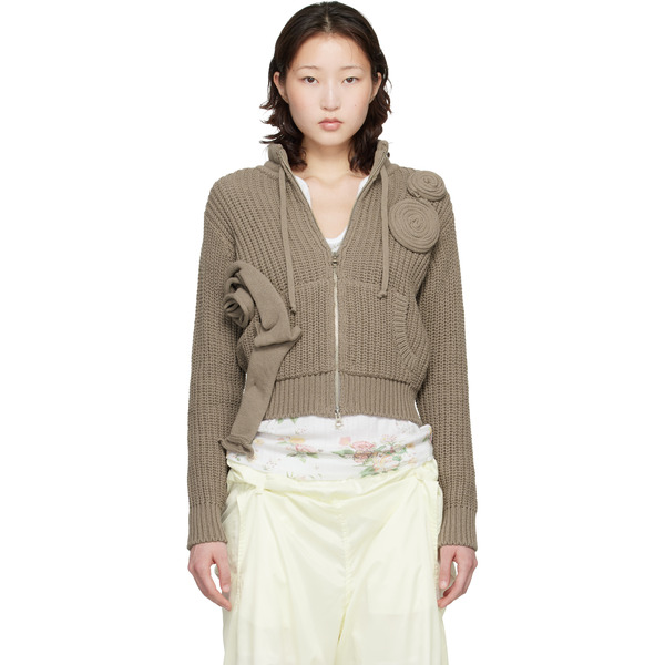  Open Yy Taupe Applique Knit Zipup Sweater 