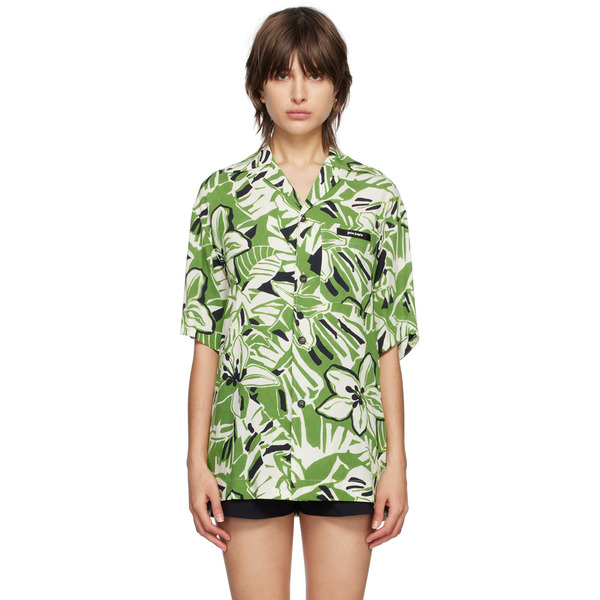  Palm Angels Green & White Hibiscus Bowling Shirt 