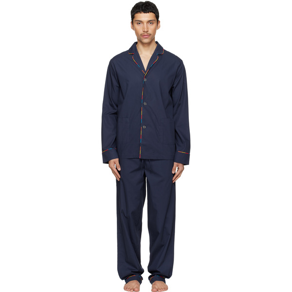  Paul Smith Navy 'artist Stripe' Trim Cotton Pyjama Set 