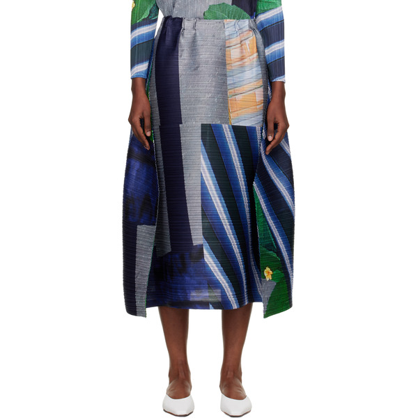  Pleats Please Issey Miyake Gray & Navy City Collage Midi Skirt 