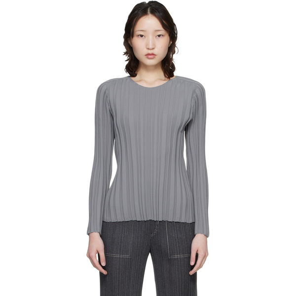  Pleats Please Issey Miyake Gray Rib Knit Top 
