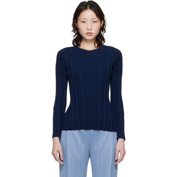  Pleats Please Issey Miyake Navy Rib Knit Top 