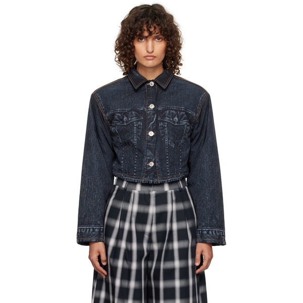  Pushbutton Black Denim Print Cropped Jacket 