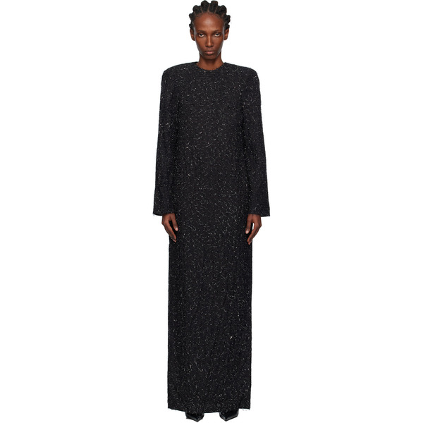  Pushbutton Black Metallic Thread Maxi Dress 