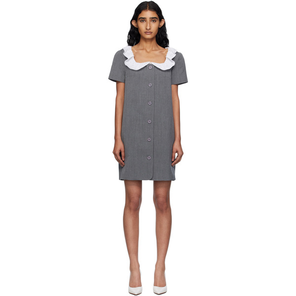  Pushbutton Gray Frilled Neck Minidress 