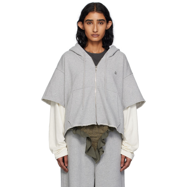  Pushbutton Gray Raw Edge Zip-up Hoodie 