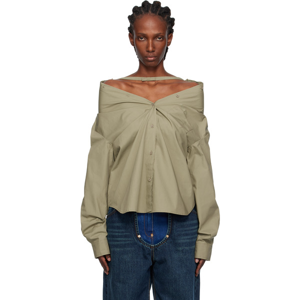  Pushbutton Khaki Dropped Shoulder Shirt 