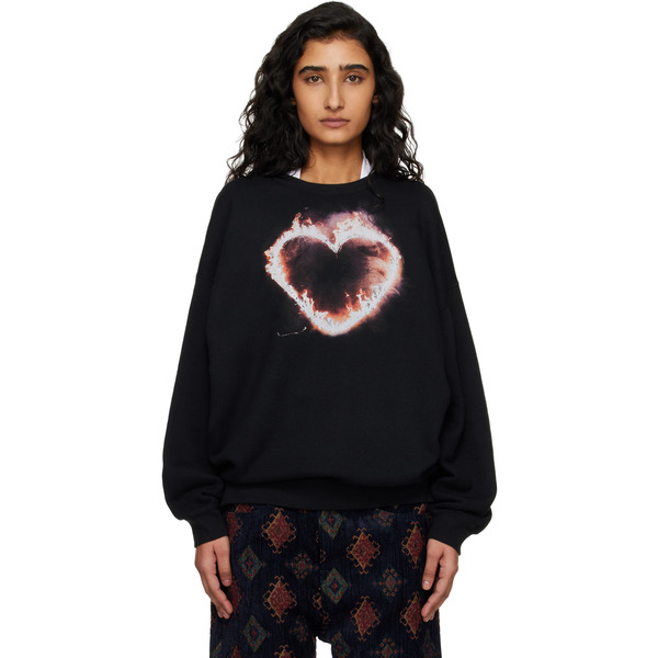  R13 Black Flaming Heart Oversized Crewneck Sweatshirt 