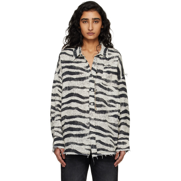  R13 Black & White Shredded Seam Drop Neck Shirt 