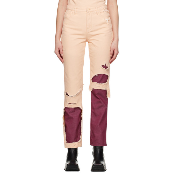  Raf Simons Pink & Burgundy Double Destroyed Jeans 