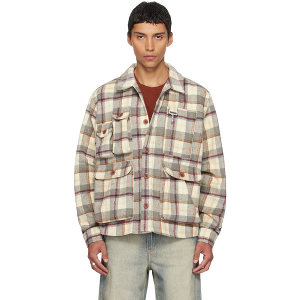  Reese Cooper Gray & Beige Milled Flannel Cargo Button Down Shirt 