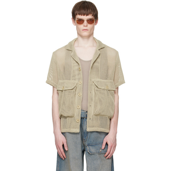  Reese Cooper Khaki Crochet Knit Short Sleeve Cargo Shirt 