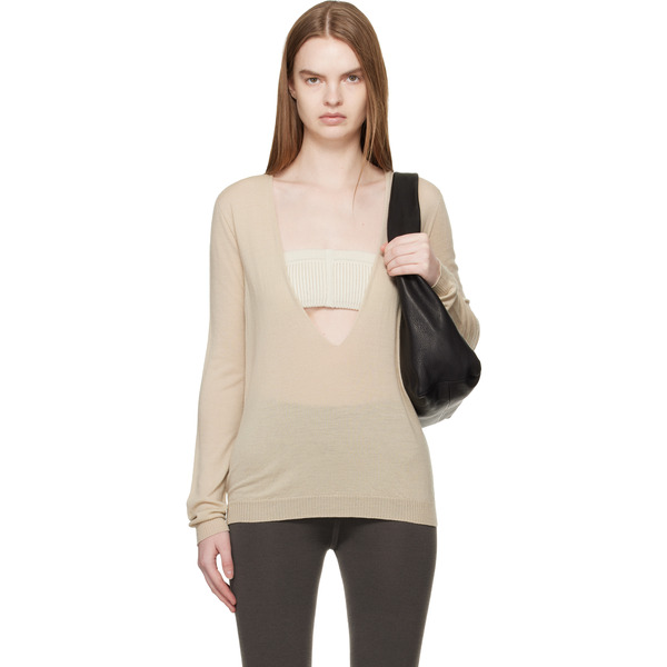  Rick Owens Beige Temple Extreme V Neck Pull Sweater 