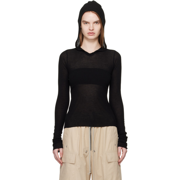  Rick Owens Black Temple Cropped Rib Ls Hoodie 