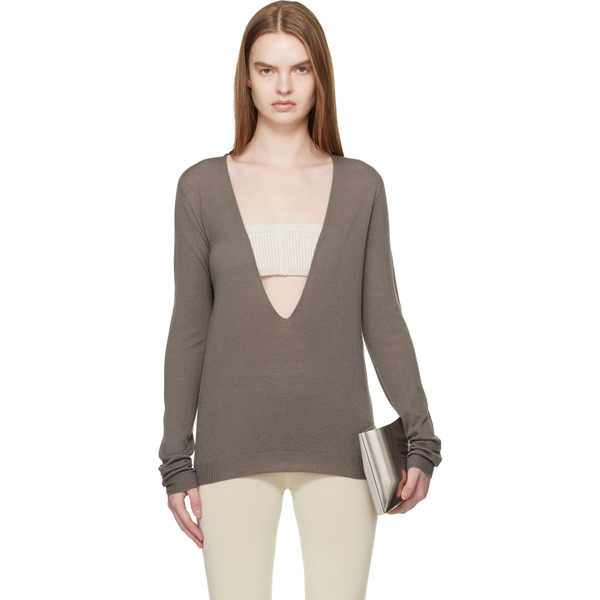  Rick Owens Gray Temple Extreme V Neck Pull Sweater 