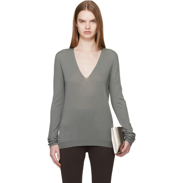  Rick Owens Khaki Temple V Neck Pull Sweater 