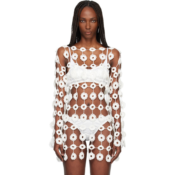  Róisín Pierce White Crochet Floating Florals Knit Blouse 