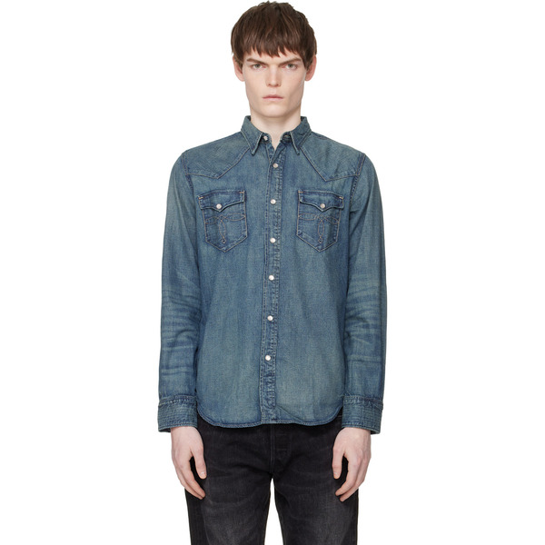  Rrl Blue Slim Fit Denim Western Shirt 